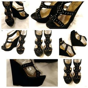 High studded suede wedges